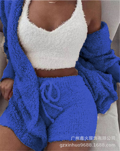 Women's clothing, European and American winter plush home wear, casual 3Pcs  pajamas long sleeved shorts sports set