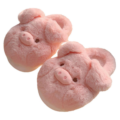 Winter Warm Soft Thick-Sole Furry Slippers for Women, Cute Pink Pig Cotton House Slippers