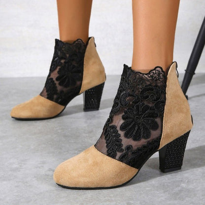 Lace Mesh High-Heeled Sandals Women European and American Style Round Toe Chunky Heel Roman Sandals Wholesale