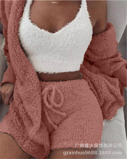 Women's clothing, European and American winter plush home wear, casual 3Pcs  pajamas long sleeved shorts sports set