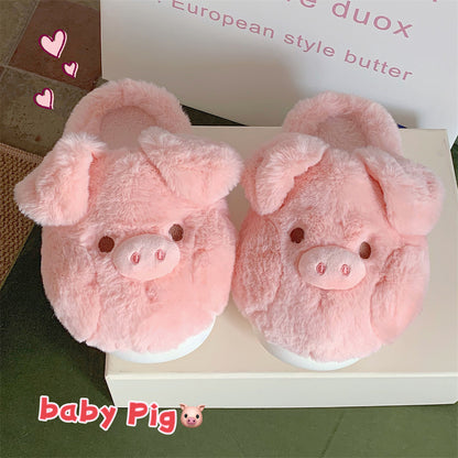 Winter Warm Soft Thick-Sole Furry Slippers for Women, Cute Pink Pig Cotton House Slippers