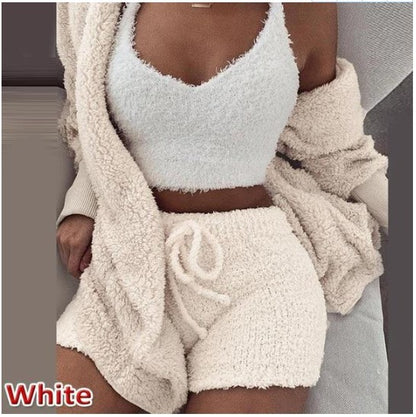 Women's clothing, European and American winter plush home wear, casual 3Pcs  pajamas long sleeved shorts sports set