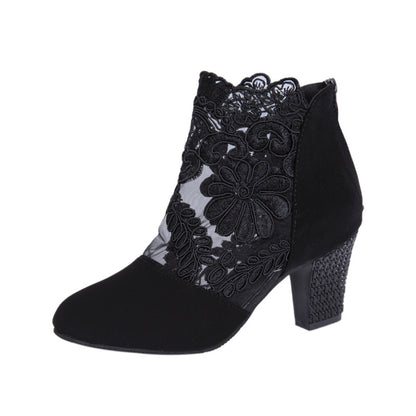 Lace Mesh High-Heeled Sandals Women European and American Style Round Toe Chunky Heel Roman Sandals Wholesale